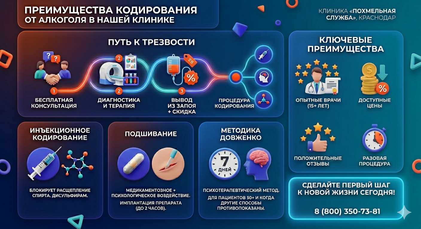 Инфографика о методах кодирования от алкоголя в Камне-Рыболове: инъекции, подшивание, метод Довженко. Преимущества клиники и этапы лечения.