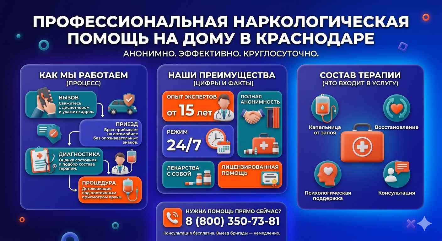 Инфографика о принципах лечения алкоголизма на дому в Камне-Рыболове: этапы вызова нарколога, преимущества анонимной детоксикации и состав медицинской помощи.